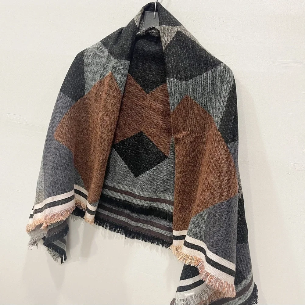 BP Nordstrom Fringe Colorblock Blanket Scarf One Size Fall Winter Cozy